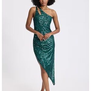 Express Sequin One Shoulder Cutout Asymmetrical Midi Dress